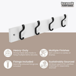 Keypak Wall-Mounted Coat Rack - 4 Hooks On Modern Wooden Base For Wall & Door - 38Cm (Matte Black/white) - thumbnail 2