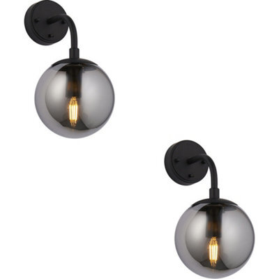 Loops 2 Pack Matt Black Wall Light - Modern Beautiful Smoked Mirror Glass Round Shade - Toggle Switch - image 1