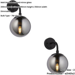 Loops 2 Pack Matt Black Wall Light - Modern Beautiful Smoked Mirror Glass Round Shade - Toggle Switch - thumbnail 2