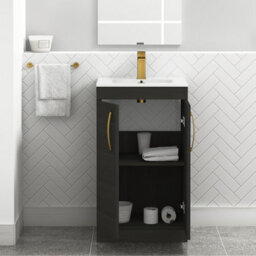 Royal Bathrooms Turin Hale Black 500mm Floor Standing Vanity Unit 2 Door With Minimalist Basin Sink & Brushed Brass Handles - thumbnail 3