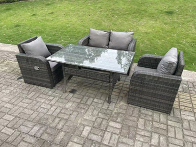 Fimous Dark Grey Pe Rattan Garden Furniture Set Love Sofa Reclining Chair Outdoor Rectangular Dining Table 4 Seater - image 1