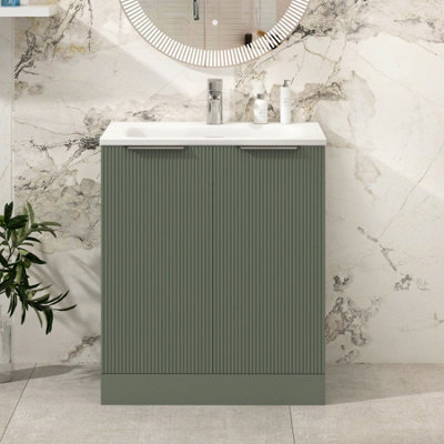 Royal Bathrooms Evora 700mm Sage Green Fluted Floor Standing Bathroom Vanity Unit 2 Door Cabinet Storage With Stone Basin Sink - 1 Tap Hole - image 1