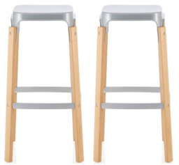 Save On Goods UK Pair Of Metal & Wood Kitchen Bar Stools. Silver Finish Barstools