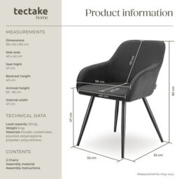 Tectake Set Of 2 Dining Chair Marilyn - Corduroy Look, Upholstered, Armchair, Continuous Backrest  - Anthracite/black - thumbnail 6