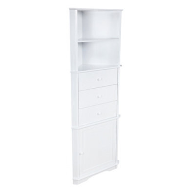 Bathroom Storage Cabinet Corner Unit With 2 Open Shelves 1 Door And 3 Drawers Tallboy  White - image 1