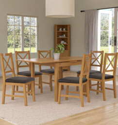 Hallowood Furniture Waverly Small Extending Table With 6 Cross Back Oak Chairs With Charcoal Grey Fabric Seats - thumbnail 1