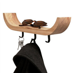Keypak Wooden Key Holder With Shelf, Scandi Curved Shelf Wall Mounted Key Rack, 3 Black Hooks For Hallways & Entryways