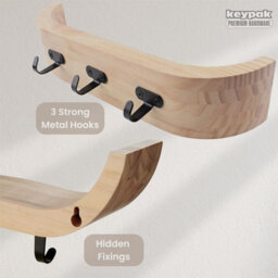 Keypak Wooden Key Holder With Shelf, Scandi Curved Shelf Wall Mounted Key Rack, 3 Black Hooks For Hallways & Entryways - thumbnail 6