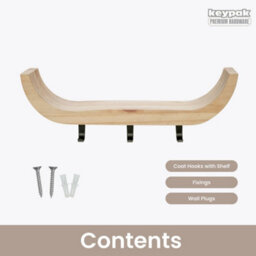 Keypak Wooden Key Holder With Shelf, Scandi Curved Shelf Wall Mounted Key Rack, 3 Black Hooks For Hallways & Entryways - thumbnail 3