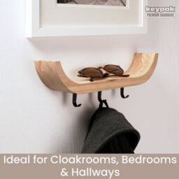 Keypak Wooden Key Holder With Shelf, Scandi Curved Shelf Wall Mounted Key Rack, 3 Black Hooks For Hallways & Entryways - thumbnail 4