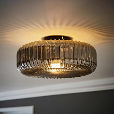 Valuelights Calpe Large Matte Black Flush Ceiling Light With Ribbed Smoked Shade - image 1