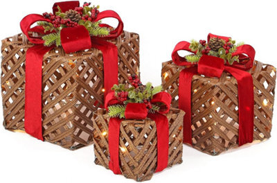 3-Pack Light-Up Rattan Christmas Gift Boxes, 50 Led Lights, Battery-Powered, Red Ribbon