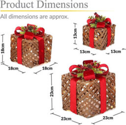 3-Pack Light-Up Rattan Christmas Gift Boxes, 50 Led Lights, Battery-Powered, Red Ribbon - thumbnail 7