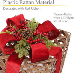 3-Pack Light-Up Rattan Christmas Gift Boxes, 50 Led Lights, Battery-Powered, Red Ribbon - thumbnail 4