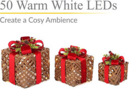 3-Pack Light-Up Rattan Christmas Gift Boxes, 50 Led Lights, Battery-Powered, Red Ribbon - thumbnail 3