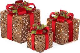 3-Pack Light-Up Rattan Christmas Gift Boxes, 50 Led Lights, Battery-Powered, Red Ribbon - thumbnail 1