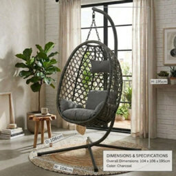 Home Luxe Interiors Home Luxe Charcoal Hanging Nest Egg Chair Garden Swing Stand Cushions - thumbnail 5