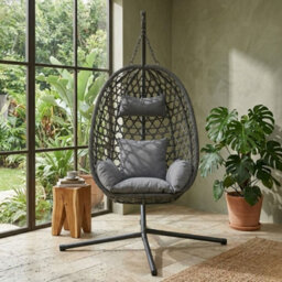Home Luxe Interiors Home Luxe Charcoal Hanging Nest Egg Chair Garden Swing Stand Cushions - thumbnail 3