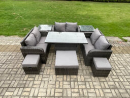 Fimous Rattan Garden Outdoor Furniture 3 Pc Love Sofa Set Adjustable Rising Lifting Dining Table With 2 Side Tables 3 Footstools - thumbnail 1