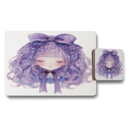 Benjamin Tate Design Placemat And Coaster Set Purple Bow Designer Artwork Limited Edition Wood Bottom - thumbnail 1