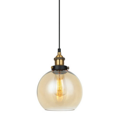 Luminosa Lighting Luminosa Industrial And Retro Hanging Pendant Black, Gold 1 Light  With Amber Shade, E27 Dimmable - image 1