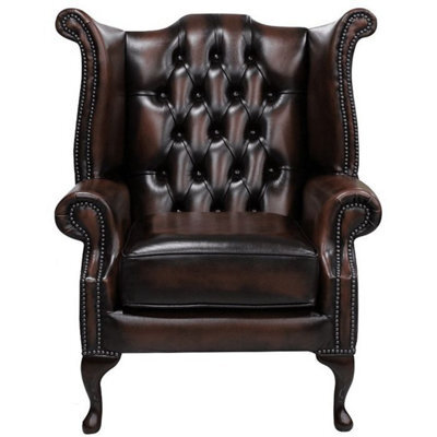 Chesterfield High Back Wing Chair Antique Brown Leather Bespoke In Queen Anne Style - image 1