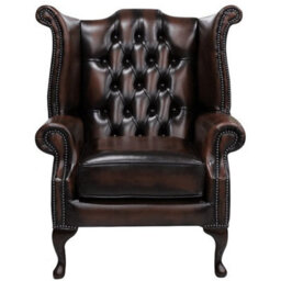 Chesterfield High Back Wing Chair Antique Brown Leather Bespoke In Queen Anne Style - thumbnail 1