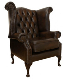 Chesterfield High Back Wing Chair Antique Brown Leather Bespoke In Queen Anne Style - thumbnail 2