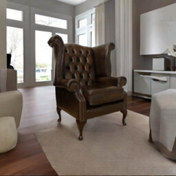 Chesterfield High Back Wing Chair Antique Brown Leather Bespoke In Queen Anne Style - thumbnail 3