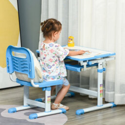 Homcom Kids Desk And Chair Set W/ Drawer, Pen Slot Hook - Blue - thumbnail 1