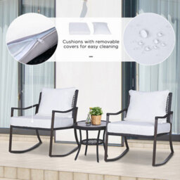 Outsunny 3 Pieces Rocking Chair Bistro Set Furniture Rattan Wicker Brown - thumbnail 7
