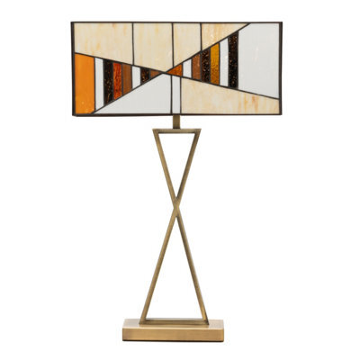 Lighting Supermarket Art Deco Tiffany Style Rectangular Glass Table Lamp - Amber - Antique Brass - image 1