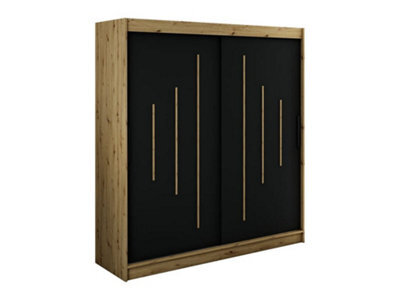 Arte Leto Y Contemporary 2 Sliding Door Wardrobe 9 Shelves 2 Rails Black Matt And Oak Effect (H)2000mm (W)2000mm (D)620mm - image 1