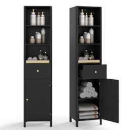 Gainoom 170Cm Tall Bathroom Black Cabinet Narrow Floor Cabinet W/ Fluted Door