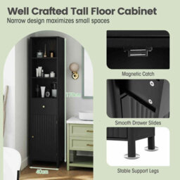 Gainoom 170Cm Tall Bathroom Black Cabinet Narrow Floor Cabinet W/ Fluted Door - thumbnail 7