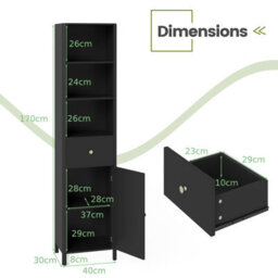 Gainoom 170Cm Tall Bathroom Black Cabinet Narrow Floor Cabinet W/ Fluted Door - thumbnail 2