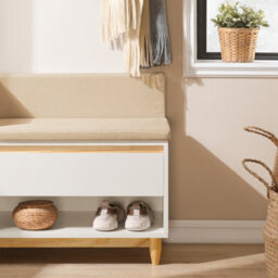 Sobuy Fsr128-W,shoe Storage Bench Shoe Rack With Cushion Large Capacity Cabinet With Adjustable Shelves & Rattan Door - thumbnail 5