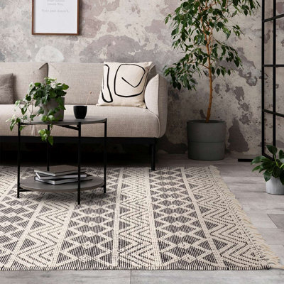 Handmade Easy To Clean Kilim Modern Wool Black Geometric Striped Wool Rug For Living Room & Bedroom-120Cm X 170Cm - image 1