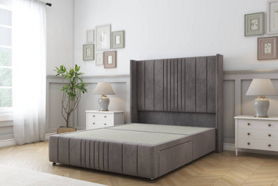 "Sloomy Hargrave Slate Naples Divan Bed Base 2 Drawers Foot-End-54"" Wingback Headboard & 12"" Footboard 5' King" - image 1