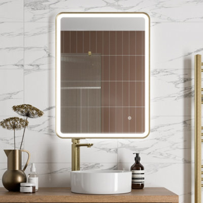 Aveli Rectangular Led Mirror Touch Bathroom Demister Mains Brushed Brass 600X800mm - image 1