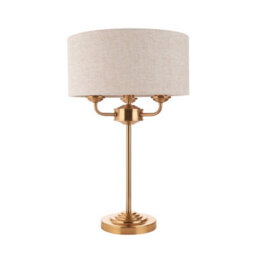Luminosa Lighting Luminosa Highclere Table Lamp With Round Shade Vintage Brass, Natural Linen, 3X E14 - thumbnail 6