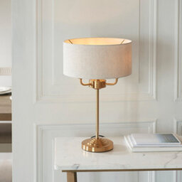 Luminosa Lighting Luminosa Highclere Table Lamp With Round Shade Vintage Brass, Natural Linen, 3X E14 - thumbnail 3