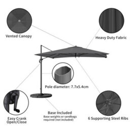 Living And Home 3M Large Square Canopy Rotatable Tilting Garden Rome Umbrella Cantilever Parasol With Fan Shaped Base, Dark Grey - thumbnail 4