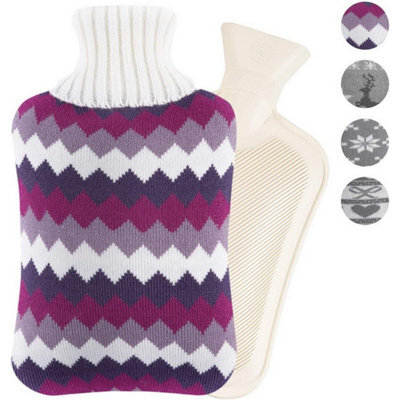 Accessotech Zigzag Knitted Cover 2 Litre Hot Water Bottle Warm Cosy Heat Therapy Bottle