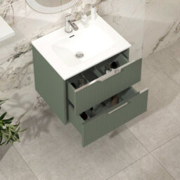 Royal Bathrooms Evora 600mm Sage Green Fluted Wall Hung Bathroom Vanity Unit 2 Drawer Cabinet Storage With Ceramic Basin Sink - 1 Tap Hole - thumbnail 3