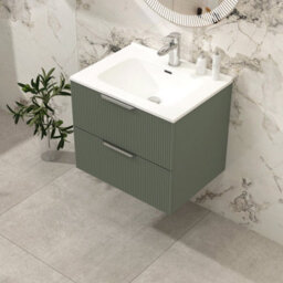 Royal Bathrooms Evora 600mm Sage Green Fluted Wall Hung Bathroom Vanity Unit 2 Drawer Cabinet Storage With Ceramic Basin Sink - 1 Tap Hole - thumbnail 4