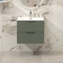 Royal Bathrooms Evora 600mm Sage Green Fluted Wall Hung Bathroom Vanity Unit 2 Drawer Cabinet Storage With Ceramic Basin Sink - 1 Tap Hole