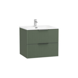 Royal Bathrooms Evora 600mm Sage Green Fluted Wall Hung Bathroom Vanity Unit 2 Drawer Cabinet Storage With Ceramic Basin Sink - 1 Tap Hole - thumbnail 5