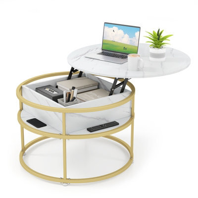 Gainoom 80Cm White Lift Top Coffee Table Round Center Table With Side Shelves - image 1