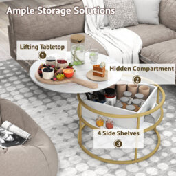 Gainoom 80Cm White Lift Top Coffee Table Round Center Table With Side Shelves - thumbnail 9